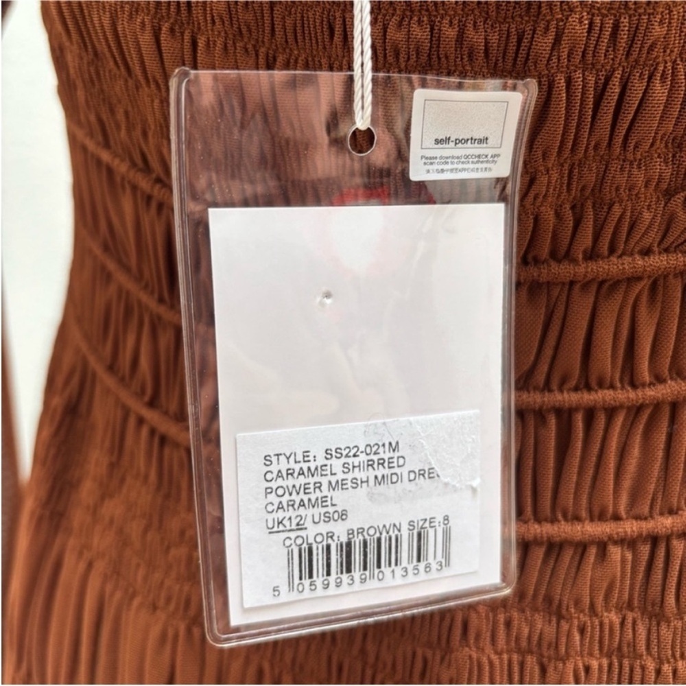 Self Portrait Midi Dress Shirred Mesh Long Sleeve Ruched Chocolate Brown Size 6 - Picture 3 of 13